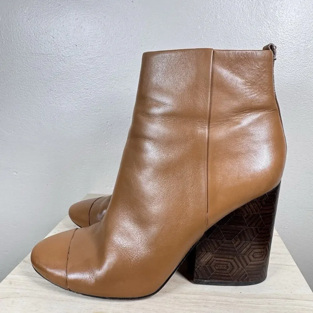 Tory Burch Grove Leather 100mm Block-Heel Bootie Tan Brown Sz 11